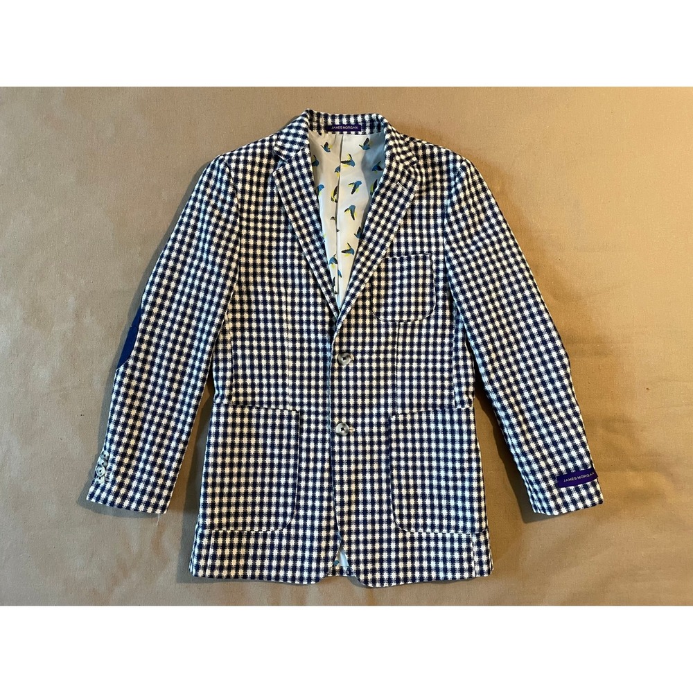 James Morgan Boys Gingham Blazer Size 16 Blue White Patch Pockets Elbow Patches